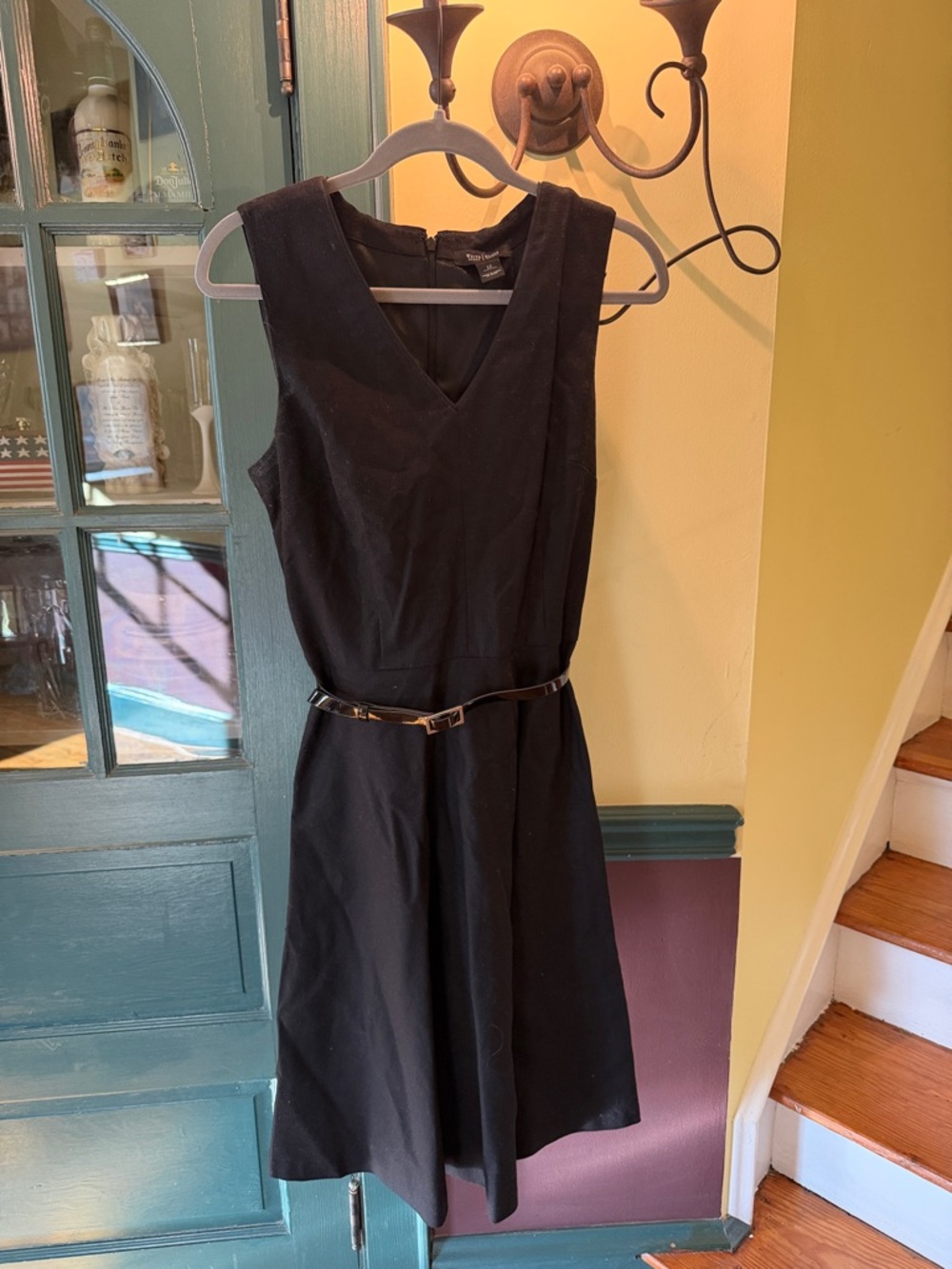 White House Black Market Black V‑Neck Midi Dress with Slim Belt